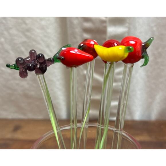 Hand Blown Art Glass Decorative Swizzle Sticks Bar Drink Stirrers Fruit Shaped - Picture 1 of 10